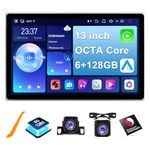 6+128GB 13 inch Double Din Touch Screen Android Car Stereo with Front and Rear Camera Octa Core Qualcomm QLED Bluetooth GPS Radio DSP AM FM RDS SWC WiFi MIC