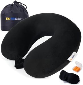 SAIREIDER Travel Neck Pillow for Airplane Sleeping 100% Memory Foam Adjustable Travel Pillows with Storage Bag, Sleep Mask and Earplugs-Prevent The Heads from Falling Forward-Black
