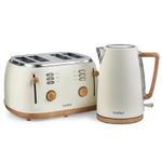 VonShef Kettle and Toaster Set Cream – Nordic 1.7L Rapid Boil Kettle 3000W & 4 Slice Wide Slot Toaster 1500W with 6 Browning Controls & High Lift - Fika Range