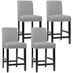 COSTWAY Bar Stools Set of 4, Upholstered Bar Chairs w/Rubber Wood Legs, Breathable Linen Fabric, High Resilience Sponge, Comfortable Backrest, Padded Seat, for Kitchen Dining Room (Gray, 4)