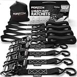 FORTEM Ratchet Tie Down Straps, 5208lb Break Strength, (4) 10ft Heavy Duty Straps, (4) Soft Loops, Rubber Coated Metal Handles, Plastic Coated Metal Hooks, Carrying Bag (Black)