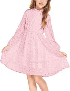 Flypigs Tween Girls Long Sleeve Fall Dresses Swiss Dot Casual Party Dress Pink 9-10Years