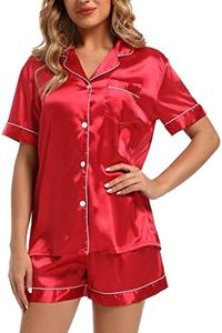 Finvizo Womens Silk Satin Pajamas Set: Soft Short Sleeve Two-piece Pjs Silky Button-down Sleepwear Loungewear Shorts Set, Red, Medium