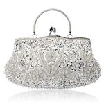 Puedo Beaded Sequin Design Flower Evening Purse Large Clutch Bag Vintage Shoulder Handbag Crossbody Bag for Wedding Party (Silver)