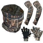 LOOGU Hunting Face Mask Set with Ghillie Gloves, Cooling Arm Sleeves Waterfowl Tree Camouflage 5 Pieces Turkey Duck Hunting Accessories for Men Women