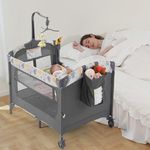 Ihoming Baby Bassinet Bedside Sleeper Baby Crib, Pack and Play with Bassinet and Changing Table, Portable Baby Playpen with Toys, Mattress for Girl Boy Infant Newborn Gray