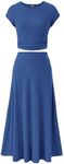 BTFBM Women Two Piece Skirt Set Casual Ribbed Knit Crew Neck Short Sleeve Cropped Top Elastic Waist Swing Midi Skirts(Solid Deep Blue, X-Large)