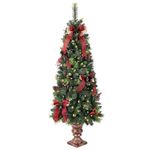 Pre-lit Artificial Christmas Tree 150cm/5ft,Potted Decorated Pine Xmas Tree with LED Lights & 5 Bells & 5 Bow Tie & 8 Red Berry & 4 Pinecone for Indoor Outdoor