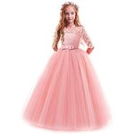 IWEMEK Flower Girls 3/4 Sleeve Floral Lace Tulle First Communion Pageant Dresses Kids Big Girls Princess Birthday Carnival Christmas Bridesmaid Wedding Party Prom Ball Gown Pink 3-4 Years