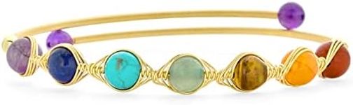 Spiritual Multicolor Colorful Healing Gemstone Yoga Wire Wrap Beads Strand Chakra Bangle Bracelets Prayer Meditation Relax for Women Teen 18k Gold Plated