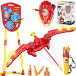 2-in-1 Bow and Arrow Set for Kids, Shield Archery Shooting Game Includes 1 Bow with Lights, 10 Suction Cups Arrows and Quiver, 1 Standing Targets, Gift for Boys Girls Age 3+