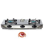 NJ NGB-S3 Indoor Gas Stove 3 burners Cooker Black Glass Hob LPG 7.8kW Regulator Set (Propane Gas 27mm Clip-on)