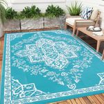 Enyhom Waterproof Garden Rugs Outdoor, Lightweight Reversible Portable Patio Mat Durable Recycled Straw Beach Mat Flat Weave RV Area Straw Rug for Balcony Deck Picnic Porch (Turquoise, 150 x 240 cm)