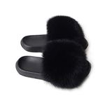 Women's Real Fox Fur Slides Furry Slide Sandal for Outdoor Fur Slippers, Black, 8