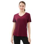 Merino Protect 100% Merino Wool V Neck T-Shirt for Women Short Sleeve Base Layers Odor Resistance Tops for Outdoor Hiking Dark Red