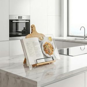 Adjustable Cookbook Stand with Splash Guard: Bamboo Recipe Book Holder for Kitchen Counter - Large Collapsible Wooden Splash Proof Rack for iPads, Tablet, Recipe Cards & Notebooks Display