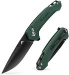 FLISSA Pocket Folding Knife, 3.2” D2 Blade G10 Handle EDC Knife with Button Lock and Pocket Clip for Hunting, Camping, Survival, Outdoor Activities(Green)