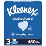 Kleenex Trusted Care Everyday Facial Tissues, 2-Ply, Hypoallergenic, 3 Flat Boxes, 160 Tissues per Box (480 Tissues Total), White, 54303