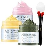 ANAIRUI Turmeric Clay Face Mask - Rose Pink Clay Facial Mask - Avocado Green Tea Mud Mask, SPA Facial Mask Set, 2.5 oz Each