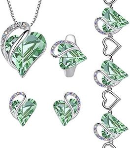 Leafael Infinity Love Heart Necklace, Stud Earrings, Bracelet, and Ring Set, August Birthstone Crystal Jewelry, Silver Tone Gifts for Women, Light Chrysolite Green