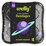 Welly Bandages | Adhesive Flexible Fabric Bravery Badges | Assorted Shapes for Minor Cuts, Scrapes, and Wounds | Colorful and Fun First Aid Tin | Space Patterns - 48 Count