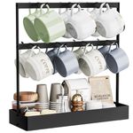 Coffee Mug Holder with Hooks, 14 Capacity Coffee Cup Holder for Countertop, 2 Tier Mug Tree Holder Rack with Storage Base for Coffee Pod, Sugar Bags, Paper Cups, Gifts for Coffee Lover