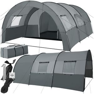 tectake® Tunnelzelt, 6 Personen, Familienzelt, Zelt groß mit Vorzelt und Bodenplane, UV-Schutz, Camping Zelt inkl. Tragetasche, 350 x 480 x 195 cm - dunkelgrau/hellgrau
