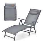 COSTWAY Folding Sun Lounger, 7-Position Adjustable Garden Chaise Lounge Chair Deck Sunbed with Headrest, Portable Outdoor Reclining Chair for Patio Poolside Beach Camping, 150KG Load Capacity (Grey)