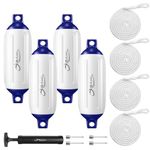 OBAKL Boat Fenders 4 Pack 5.5 x 20 Inches Ribbed Twin Eyes Boat Fenders Bumpers for Docking, Comes with Ropes and Pump to inflate(Blue and White)