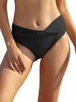 SHEKINI Women's Bikini Bottom Twist Front Swimsuit Brief Ruched Medium Waisted Bathing Suit Bottoms Black