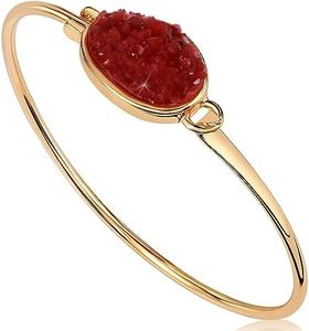 Red Bangles for Women - Plated Gold and Red Bracelets for Women, Simulated Garnet Bracelet, Simple Sparkly Simulated Druzy Stone Cuff, Preppy Stackable Bohemian Boho Statement Arm Jewelry
