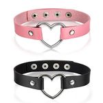 Cupimatch 2Pcs Punk Heart Charm Leather Collar Choker Necklace Adjustable 13"- 15.7"