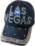 Popfizzy Rhinestone Las Vegas Ball Caps, Bling Las Vegas Hat for Women, Las Vegas Souvenir, Bedazzled Las Vegas Gifts (Denim)