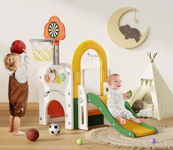 BIERUM Toddler Slide Play House, Baby Slide for Toddlers Aged 1-2, with Adjustable Basketball Hoop, Soccer, Dart Board and Pretend Shopping Window, Multi-Functional Playhouse for Indoor Outdoor