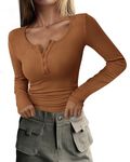 PRETTYGARDEN Women's 2024 Fall Long Sleeve Henley T Shirts Button Ribbed Knit Slim Fit Casual Basic Tops Blouse (Khaki,Large)