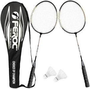 FEROC 5911 Aluminium 2 Pieces Badminton Racket with 2 Pieces Feather Shuttles with Full-Cover Badminton Racquets Complete Sets Kit (Golden)