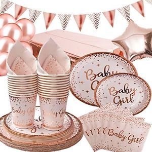 DUGEHO 89pcs Baby Girl Party Vaisselle,Ballon Kit Vaisselles Anniversaire Ensemble Assiettes Tasses, Serviette pour Douche de Bébé Anniversaire Fête Party Fête Mariages(20 Invités)