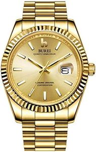 BUREI Mens Luxury Quartz Watch Gold Dial Analog Calendar Display Antireflective Sapphire Crystal with Stainless Steel Case and Band,Gold