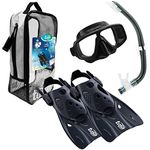 TUSA Sport Adult Platina Hyperdry Mask, Snorkel, & Fins Travel Set, Black, Medium (UP-0101BKBK-M)