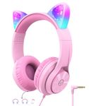 Cat Ear Led Light Up Kids Headphones, iClever HS20 Wired Headphones -Shareport- 94dB Volume Limited, Foldable Over-Ear Headphones for Kids Gifts/School/iPad/Kids Tablet/Travel, Pink