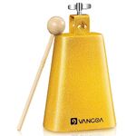 Vangoa 8 inch Cow Bell Metal Steel Noise Maker Cowbell Percussion Instrument Cow Bell with Handle Stick for Drumset Wedding Football Cheering Bell Games, Gold