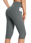 BALEAF Women's Yoga Capri Pants Knee Length Leggings High Waisted Petite Casual Workout Exercise Capris with Pockets Gray XXL