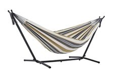 2 People Free Standing Hammock Set, Double Fabric Cotton Hammock with Powder-coated Steel Stand and Hammock Bag