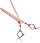 PURPLEBIRD 7 Inch Straight Dog Grooming Scissors Pet Thinning Texturizing Shears Professional Safety Blunt Tip Trimming Shearing for Dogs Cats Japanese Stainless Steel Double Side Teeth Bronze