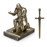 HDMbigmi King's Guard Leader Cloak Warrior Knight Pen Holder Mobile Phone Stand, Ornament Knight Statue, Pen Stand Paperweight with a Metal Sword Letter Opener for Office and Home (Bronze)