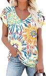 KUOTAI Short Sleeve Blouses for Women Casual Summer V Neck Tops(Colorful Fireworks, Large)