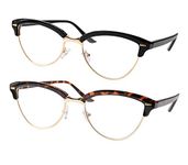 SOOLALA Womens Mens 2 Pairs Fashion Designer Semi-rimless Cat Eye Reading Glasses, 1.25x
