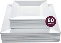 Aya's 60ct White Square Disposable Plates - Heavy Duty Plastic Party Plates for Christmas, Thanksgiving (30 Dinner & 30 Salad)