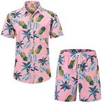 TBMPOY Men's Flower Sets Hawaiian Shirts 2 Piece Casual Button Down Shirts& Shorts Tracksuits Summer Beach Suits CA Pink XL