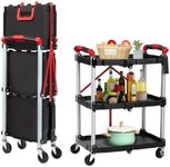 Foldable Utility Service Cart, 3 Shelf 168LBS Heavy Duty Plastic Rolling Cart with 360° Swivel Wheels (2 with Brakes), Ergonomic Handle, Portable Garage Tool Cart for Warehouse Office Home, Black